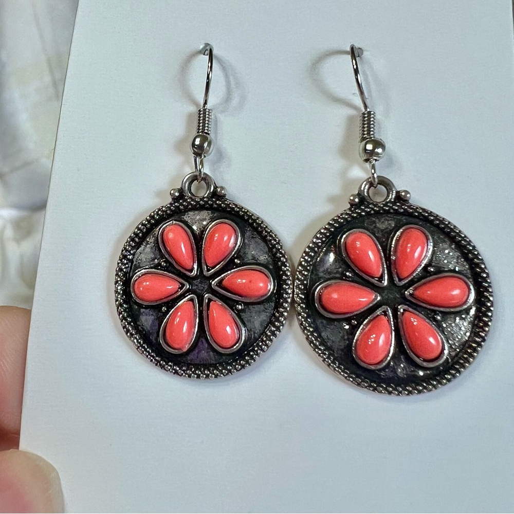 Elegant Silver and Coral Tone Floral Dangle Earrings